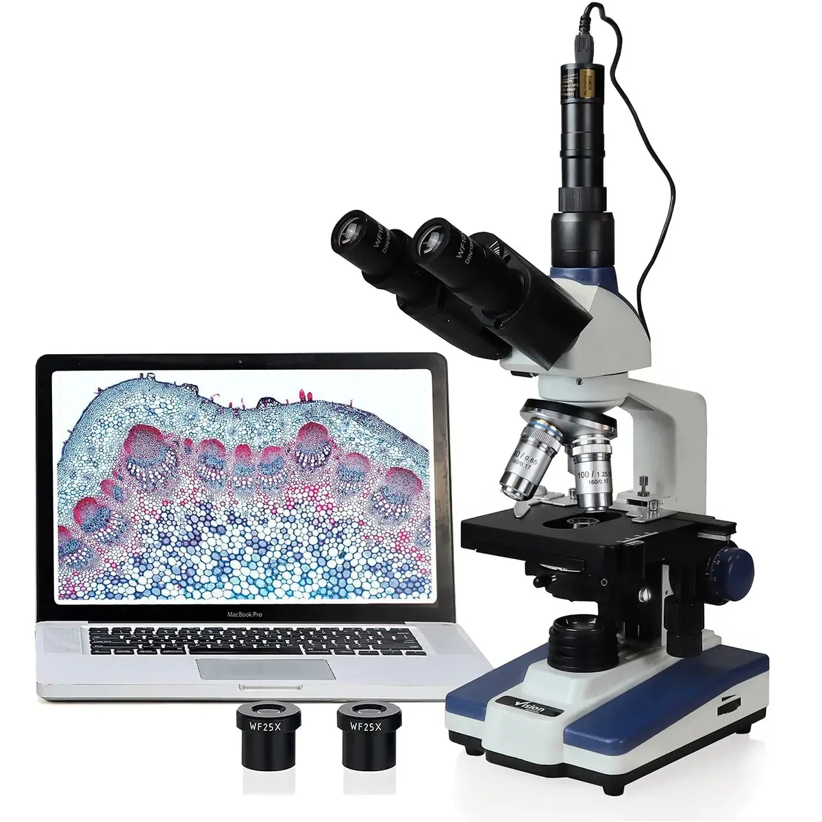 Vision Scientific Vs-60t-rc-dt1.3 Siedentopf Microscópio Composto Trinocular, Ampliação 40x-2500x, Oculares Wf 10x E 25x, Mesa Mecânica De Dupla Camada, Iluminação Led, Câmera Digital De 1.3mp