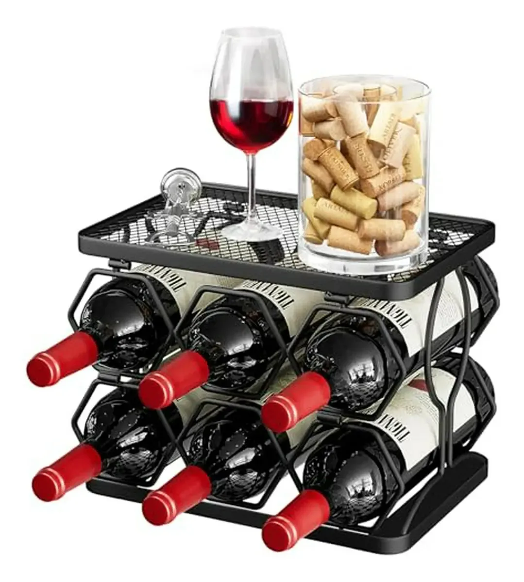 Prateleira de vinho dobrável para 6 garrafas, suporte hexagonal preto