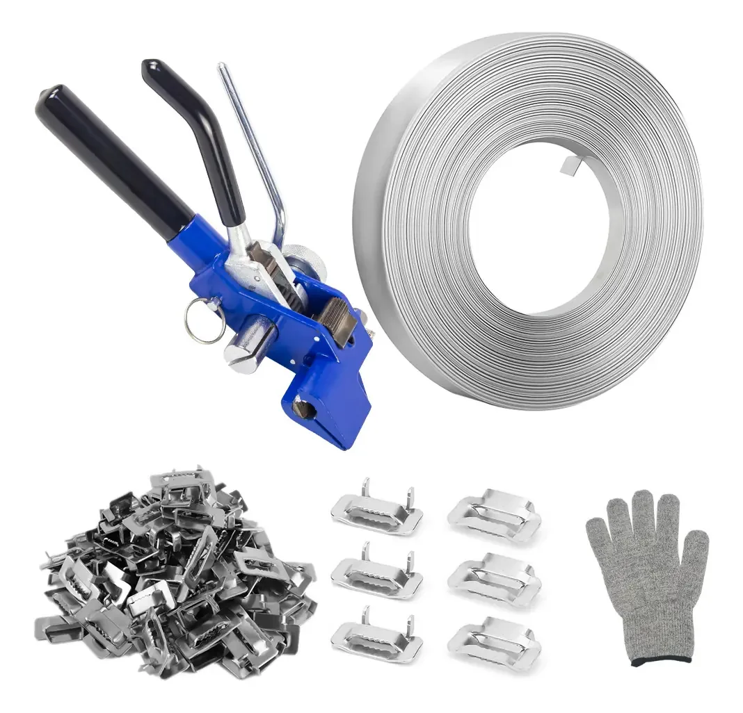 Kit de cintas de aço inoxidável 3/4 (tensor/alça/fivelas) Cintas de aço inoxidável 304, 100 fivelas de metal e 1 par de luvas anticorte Jerzou
