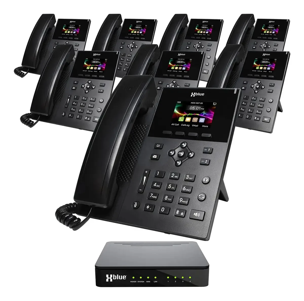 Pacote do Sistema Xblue QB1 com 8 Telefones IP IP5G, Incluindo Atendedor Automático, Caixa Postal, Extensões de Telefones Móveis e Remotos e Gravação de Chamadas
