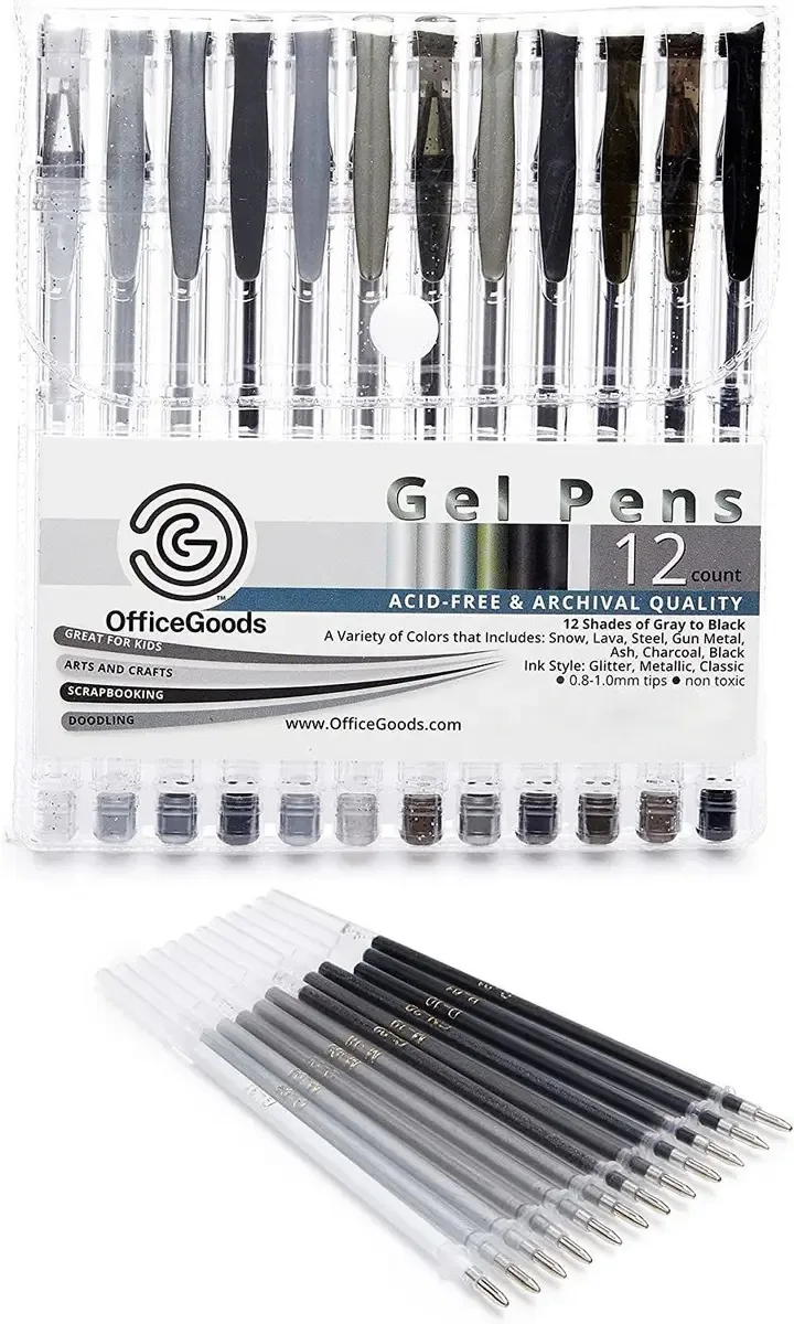 24 canetas de gel clássicas - metálicas e brilhantes - cinza/preta