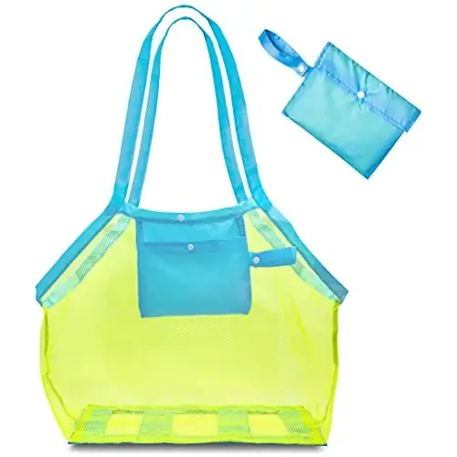 Bolsas e Sacolas de Praia de Malha Foxprint para Compras, Brinquedos de Piscina de Verão, Alças de Transporte Reforçadas, Rede Resistente à Areia, Fecho Rápido de Pressão