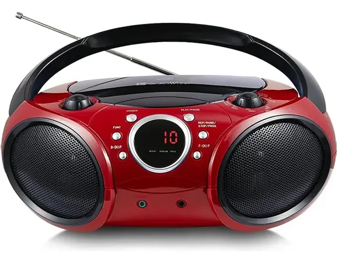 Singing Wood 030b: Leitor de CD portátil com Bluetooth, rádio estéreo AM/FM, alimentado por cabo ou bateria, vermelho