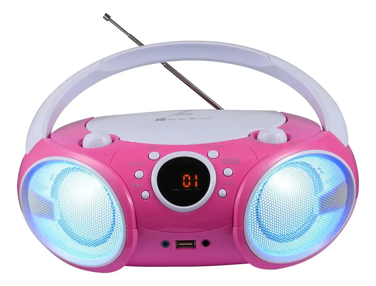 Leitor de CD Singing Wood 030btl, caixa de som com função de leitura de CD, Bluetooth, USB, rádio AM/FM, entrada auxiliar e fones de ouvido, com luzes LED e alça de transporte