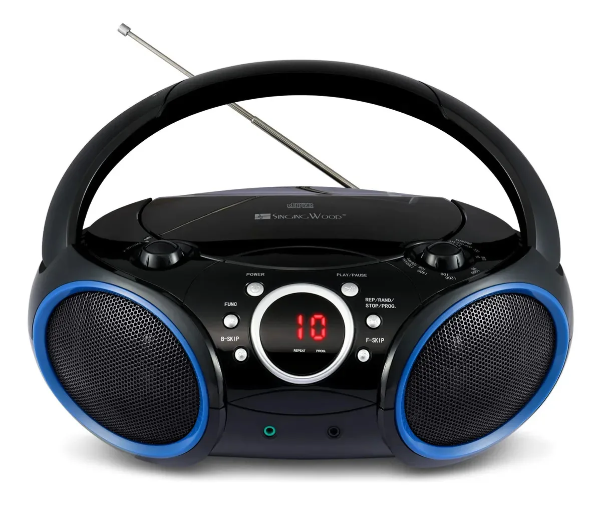 Leitor de CD portátil Singing Wood 030c Boombox com rádio estéreo Am Fm, entrada auxiliar, entrada para fone de ouvido, compatível com AC ou bateria (preto com um toque de aros azuis)
