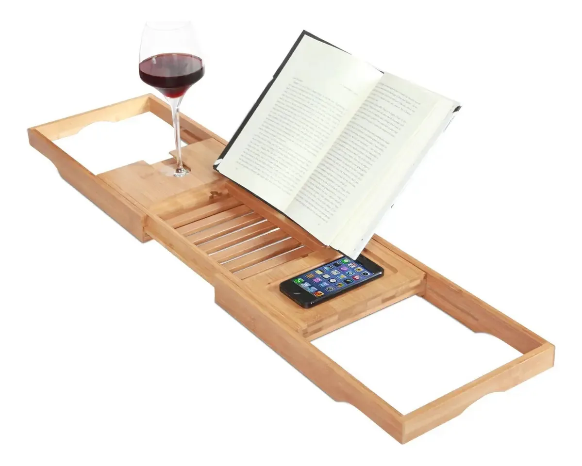 Toilettree Products Bamboo Caddy com laterais extensíveis e porta-livros ajustável