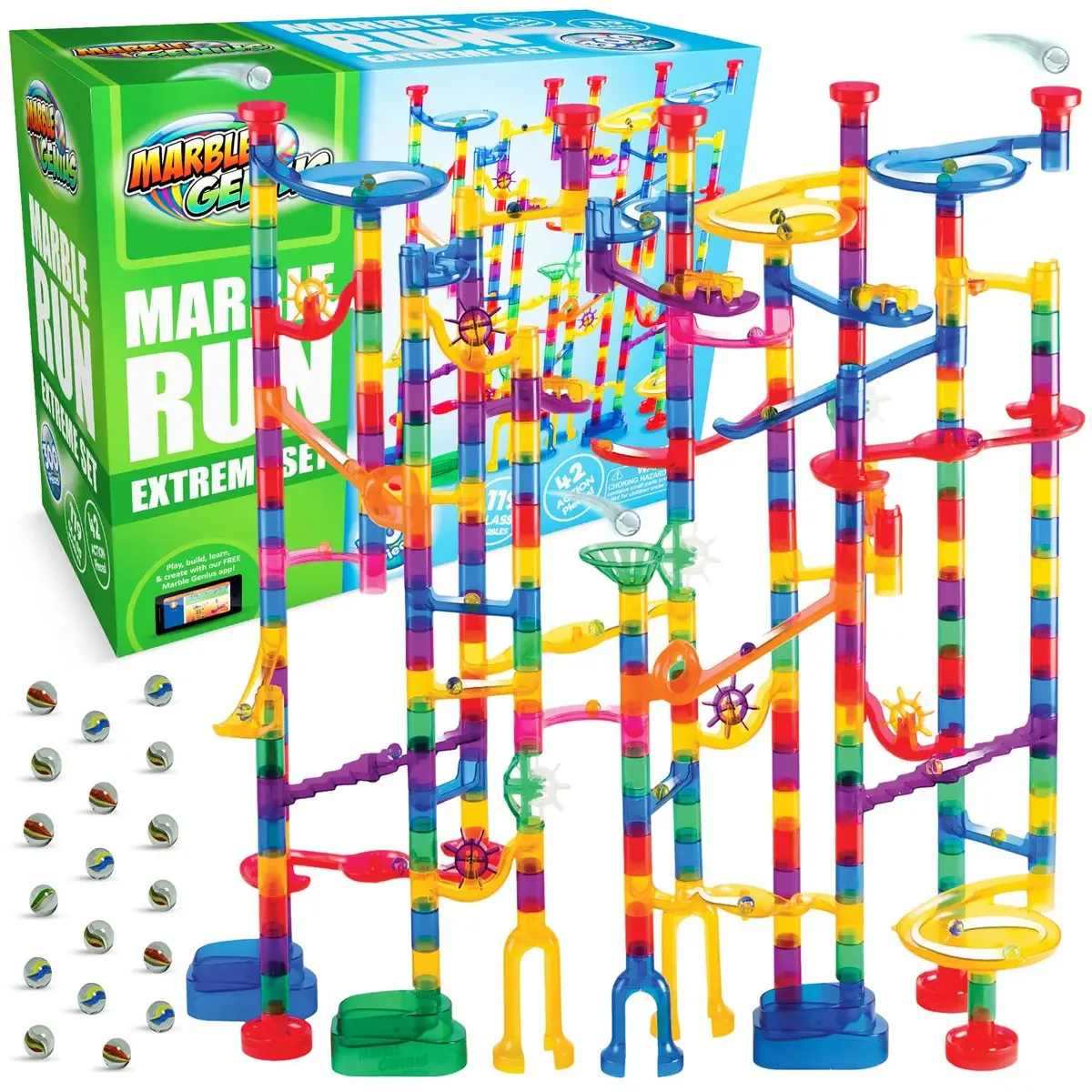 Conjunto Marble Run Extreme da Marble Genius: 145 Peças Completas Mais Um Aplicativo de Instruções Gratuito (125 Peças de Mármore Translúcido e 20 Bolas de Vidro)