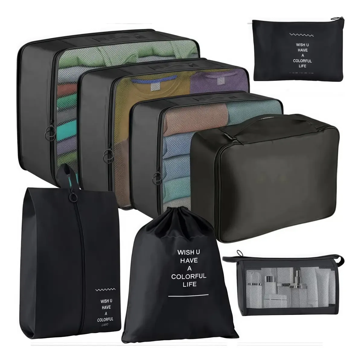 Conjunto impermeável de organizadores de bagagem de viagem, 8 peças, preto