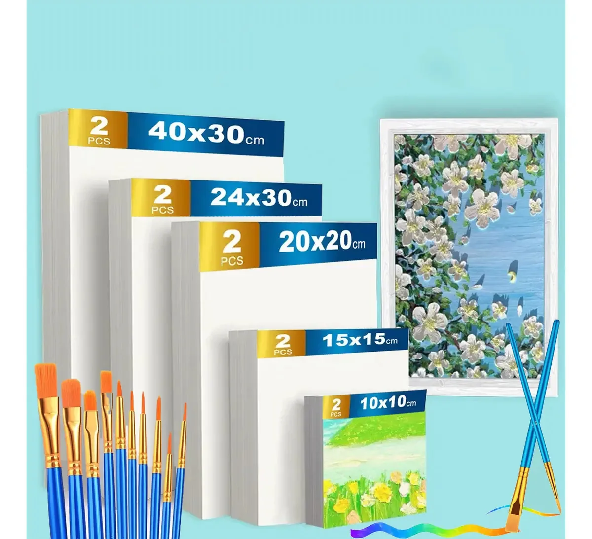 Conjunto de 10 telas para pintura, telas para pintura, 100% algodão, placa de lona para pintura com 10 pincéis para pintura, 5 tamanhos diferentes, para acrílico, pintura a óleo, aquarela