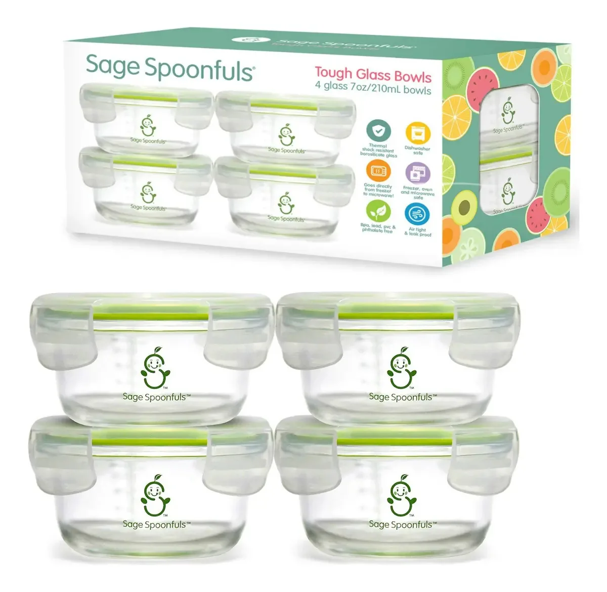 Recipientes de vidro para comida para bebês Sage Spoonfuls com tampas, pacote de potes de comida para bebês de 4,7 onças, duráveis, estanques e herméticos, armazenamento para