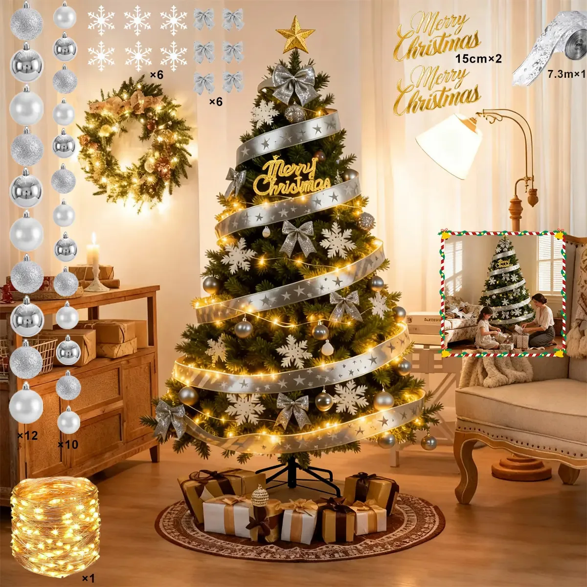 Árvores de Natal, 2,2 m, verde pinho artificial e 38 enfeites de Natal, luz com 8 modos, 1300 galhos, é dobrável, fácil de montar, prateada