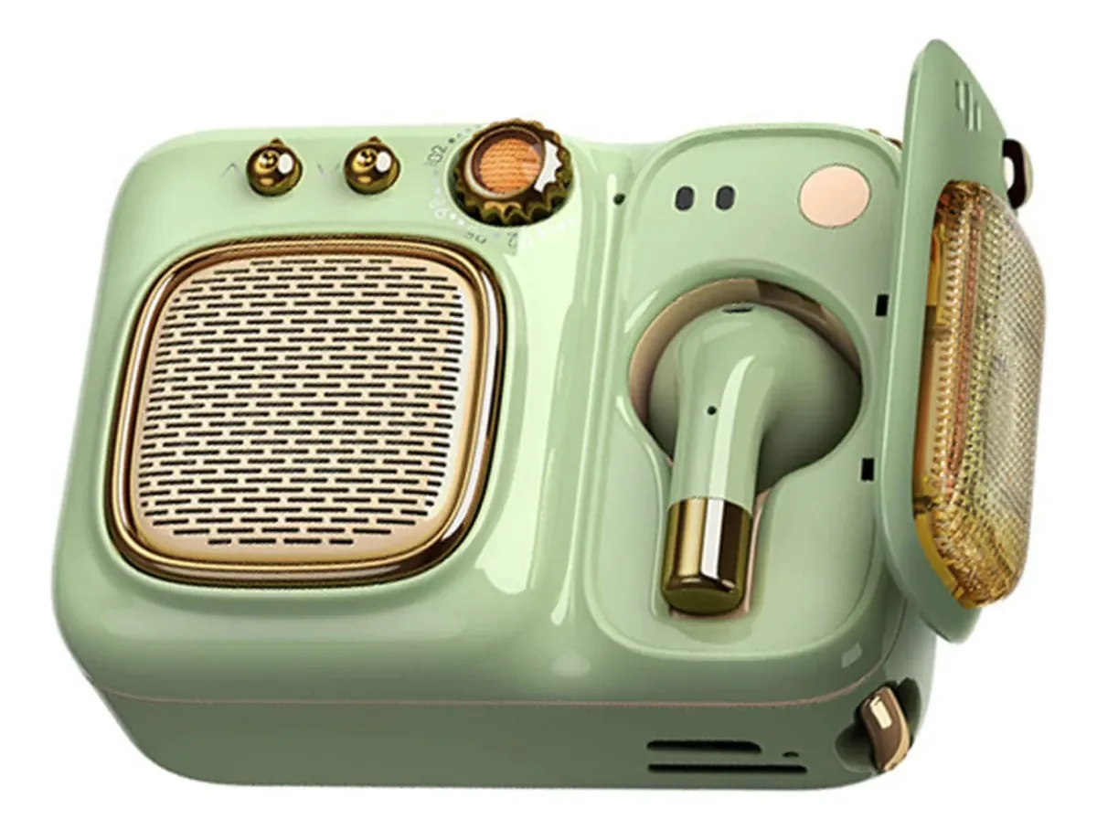 Alto-falantes Bluetooth retrô, alto-falante/fones de ouvido/rádio FM/reprodução de MP3, reprodutor Bluetooth portátil Boombox com fones de ouvido, com som surround HiFi de 360°, estilo