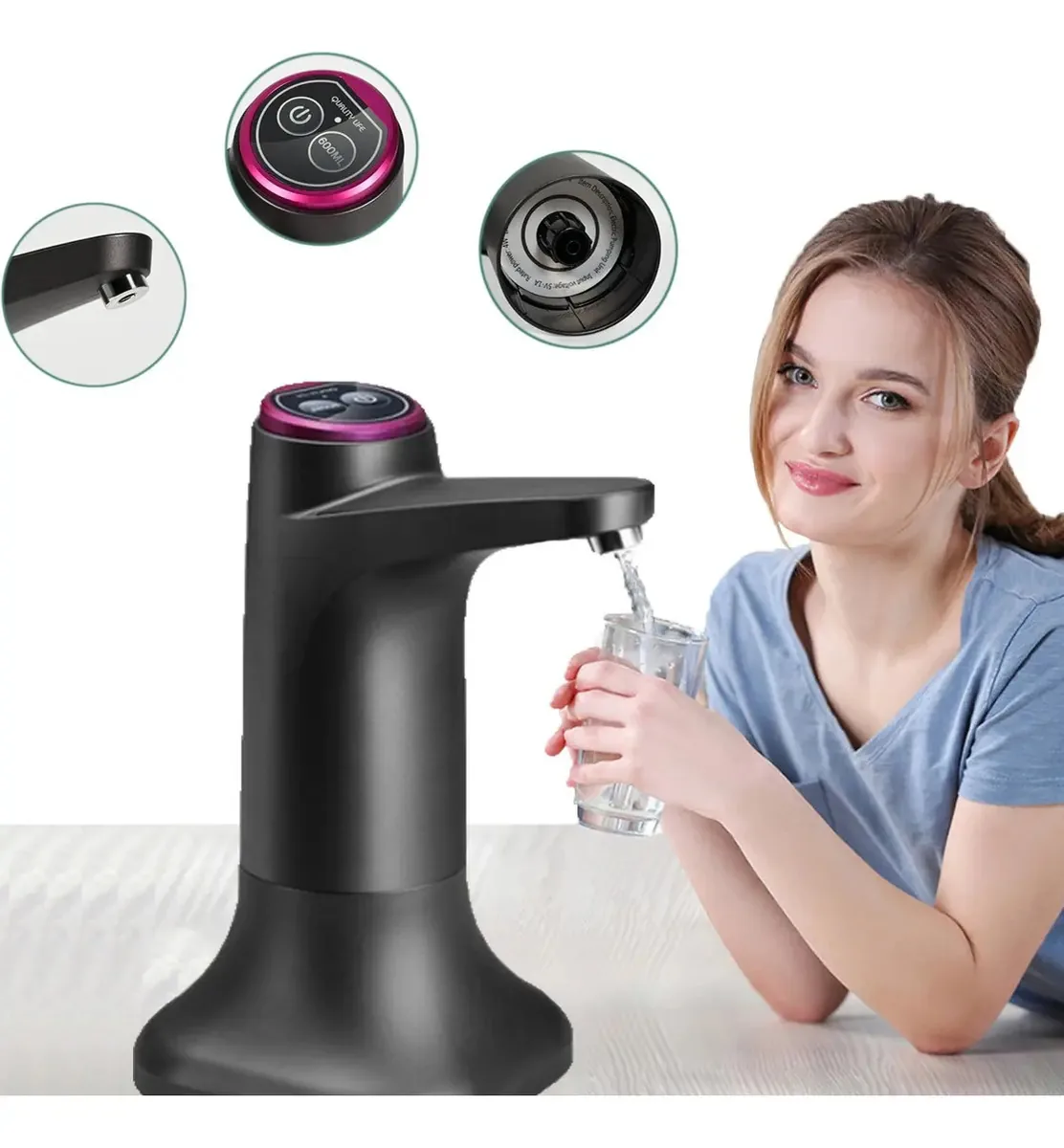 Dispensador de água portátil, bomba de água USB recarregável, cor preta