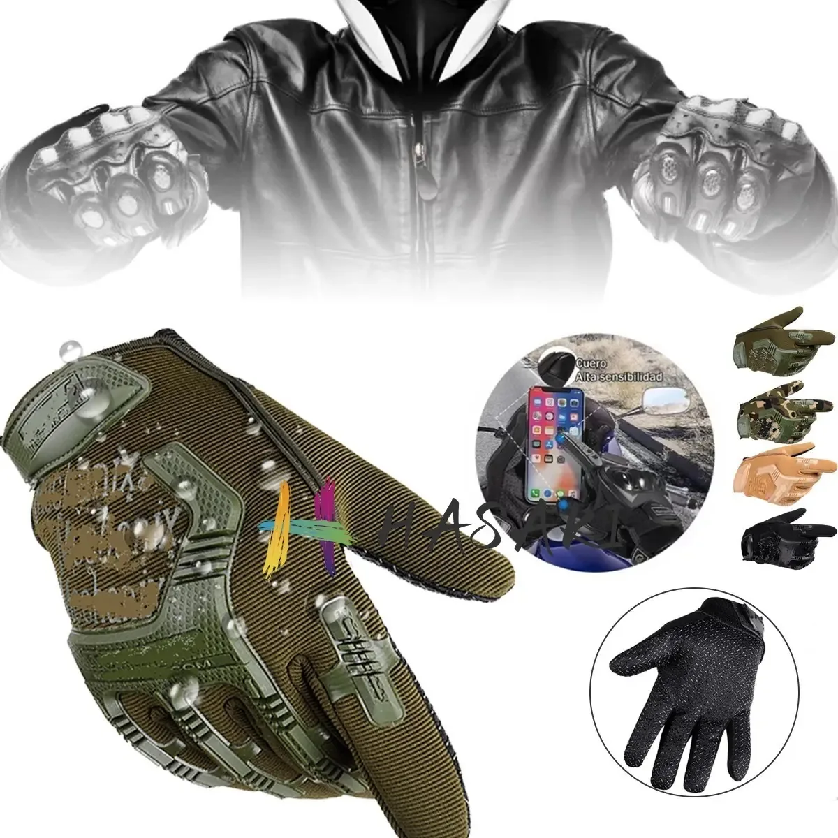 Par de luvas para o motociclista Hasaki Padre, exército, verde, tamanho XL