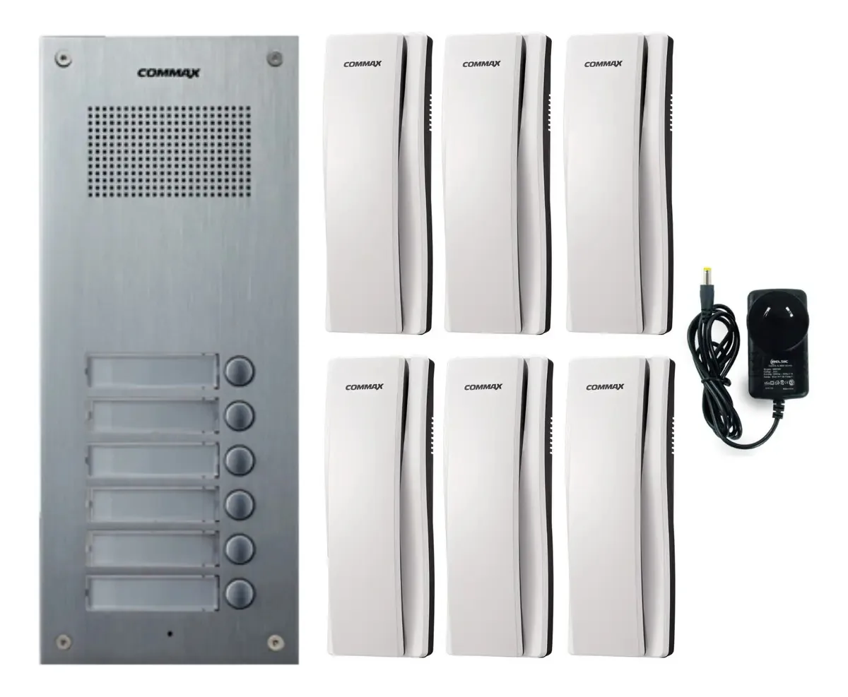 Kit de telefone elétrico Commax de 6 departamentos com áudio em cor cinza