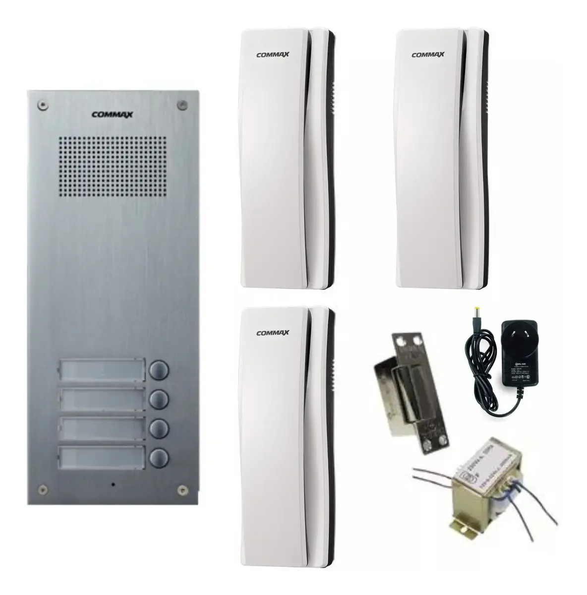 Kit de porteiro Commax de 4 botões com 3 telefones de áudio e fechadura cinza