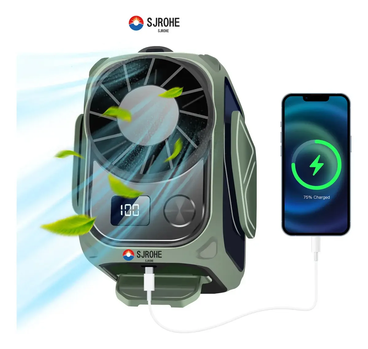 Ventilador de circulação Sjrohe Mini USB Ventilador portátil recarregável Ventilador de mesa 4 em 1 Ventilador de cintura silencioso 10000mah 100 velocidades Cor verde