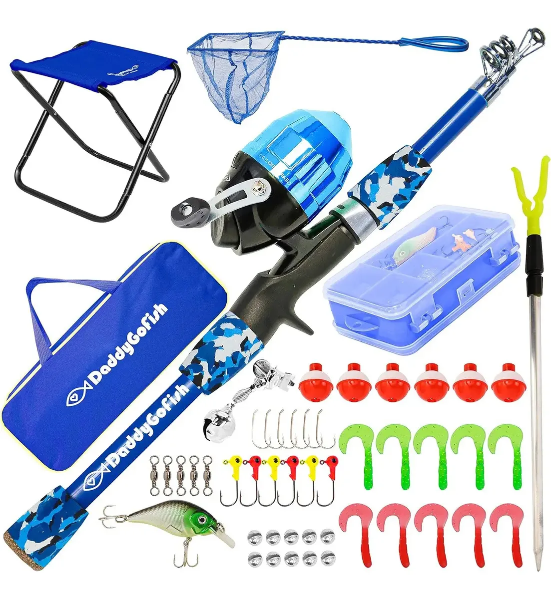 Kit de pesca infantil, vara de pesca de 1,2 m e ganchos azuis