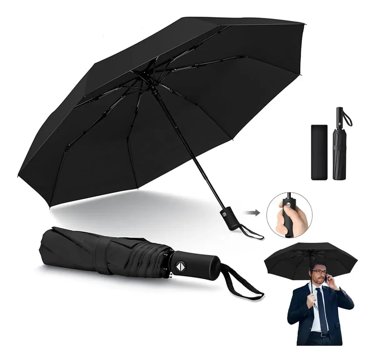 Guarda-chuva dobrável e guarda-chuva de proteção UV, guarda-chuva dobrável com botão automático de abertura e fechamento, leve e compacto para uso com uma única mão, para homens e mulheres