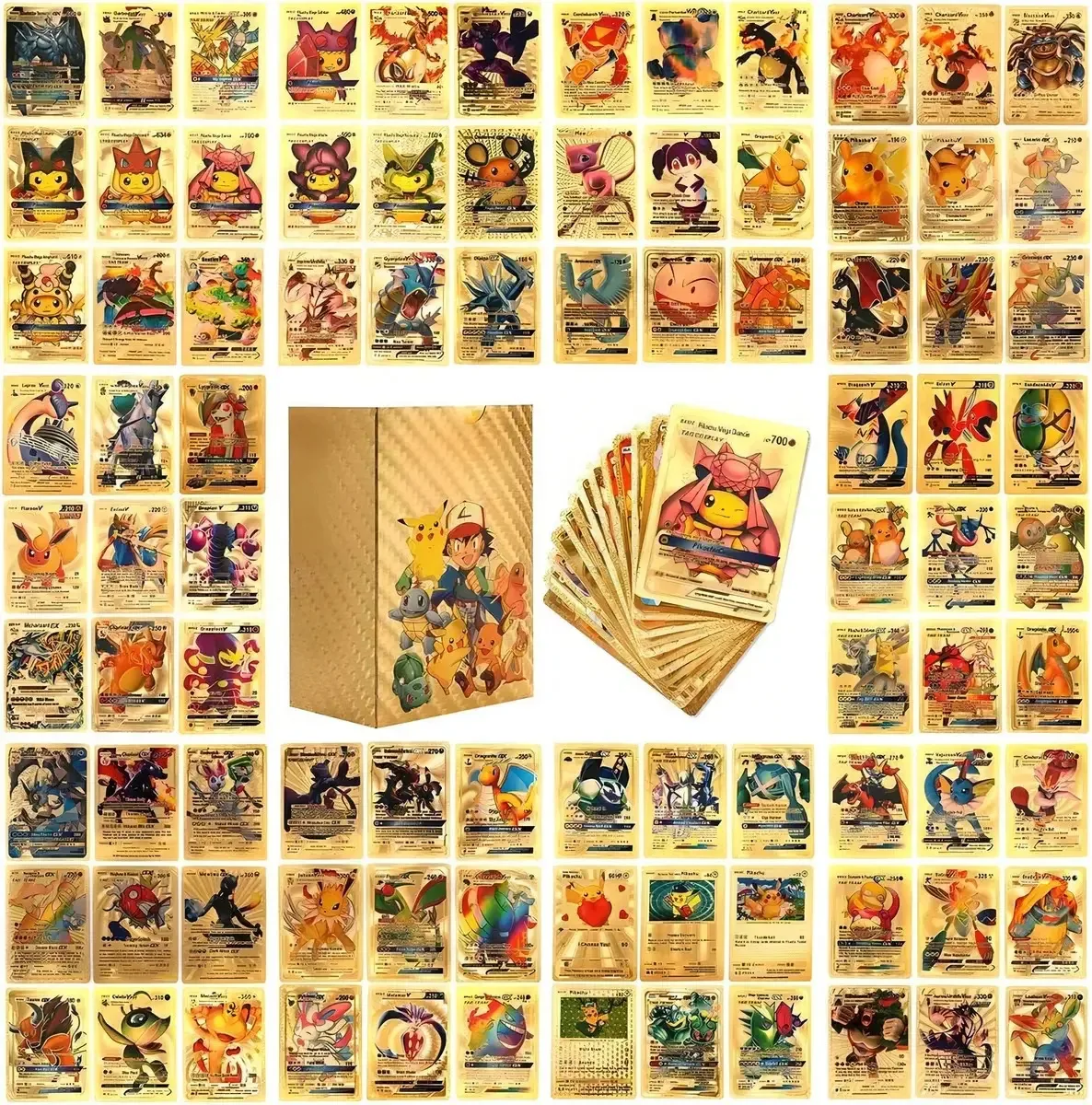 110 cartas de Pokémon espanholas Jogos de cartas de Pokémon Cartas douradas Folha de ouro Cartas douradas raras Cartas douradas