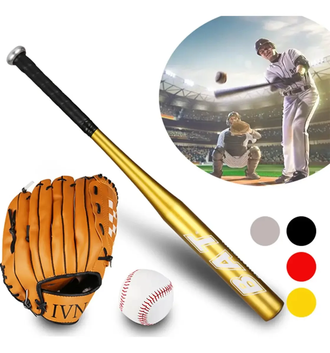 Jogo de beisebol infantil: bastão e luva de metal e bola, cor dourada