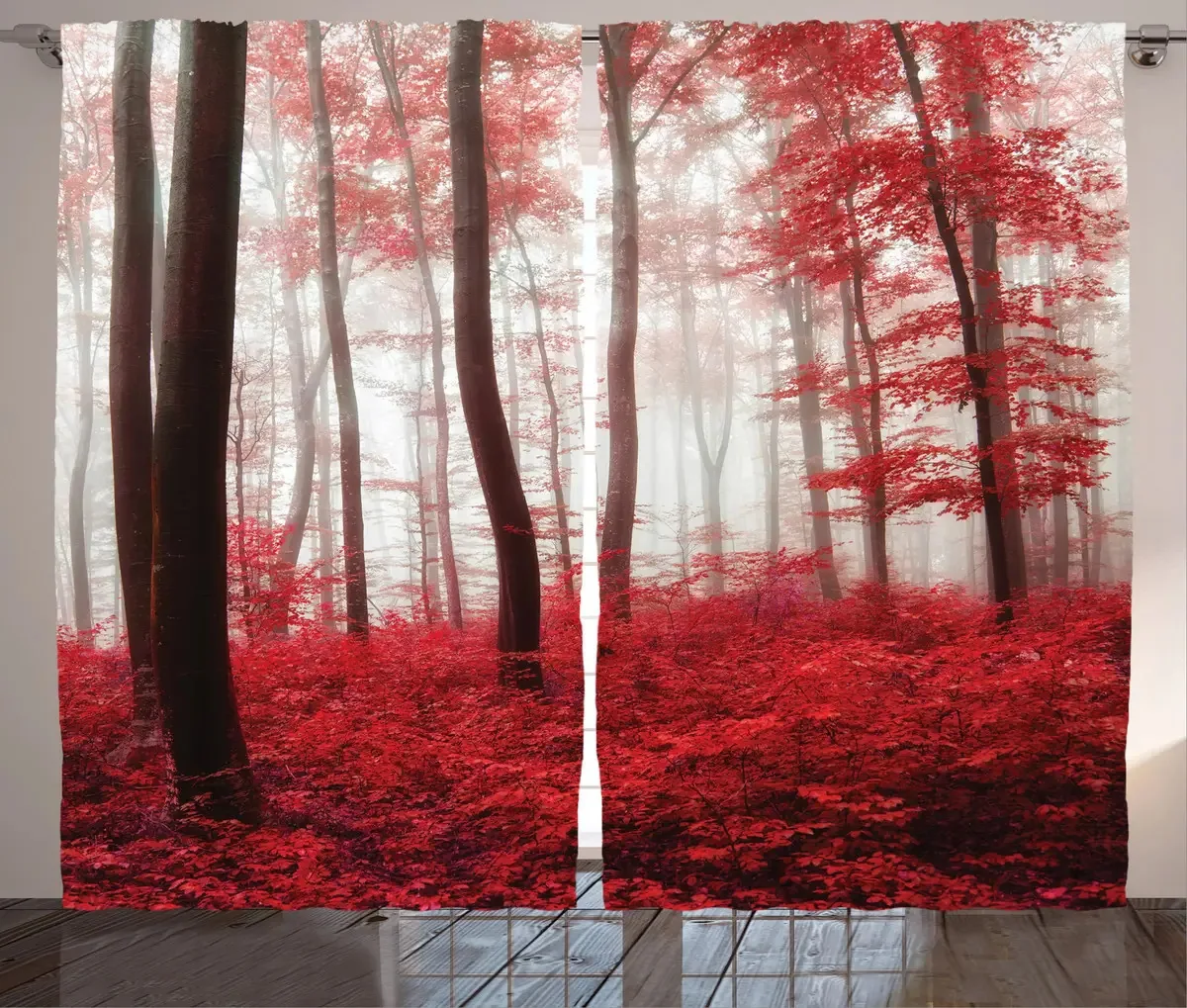 Cortinas naturais de Ambesonne, imagem de floresta saturada. Cor: branco e vermelho