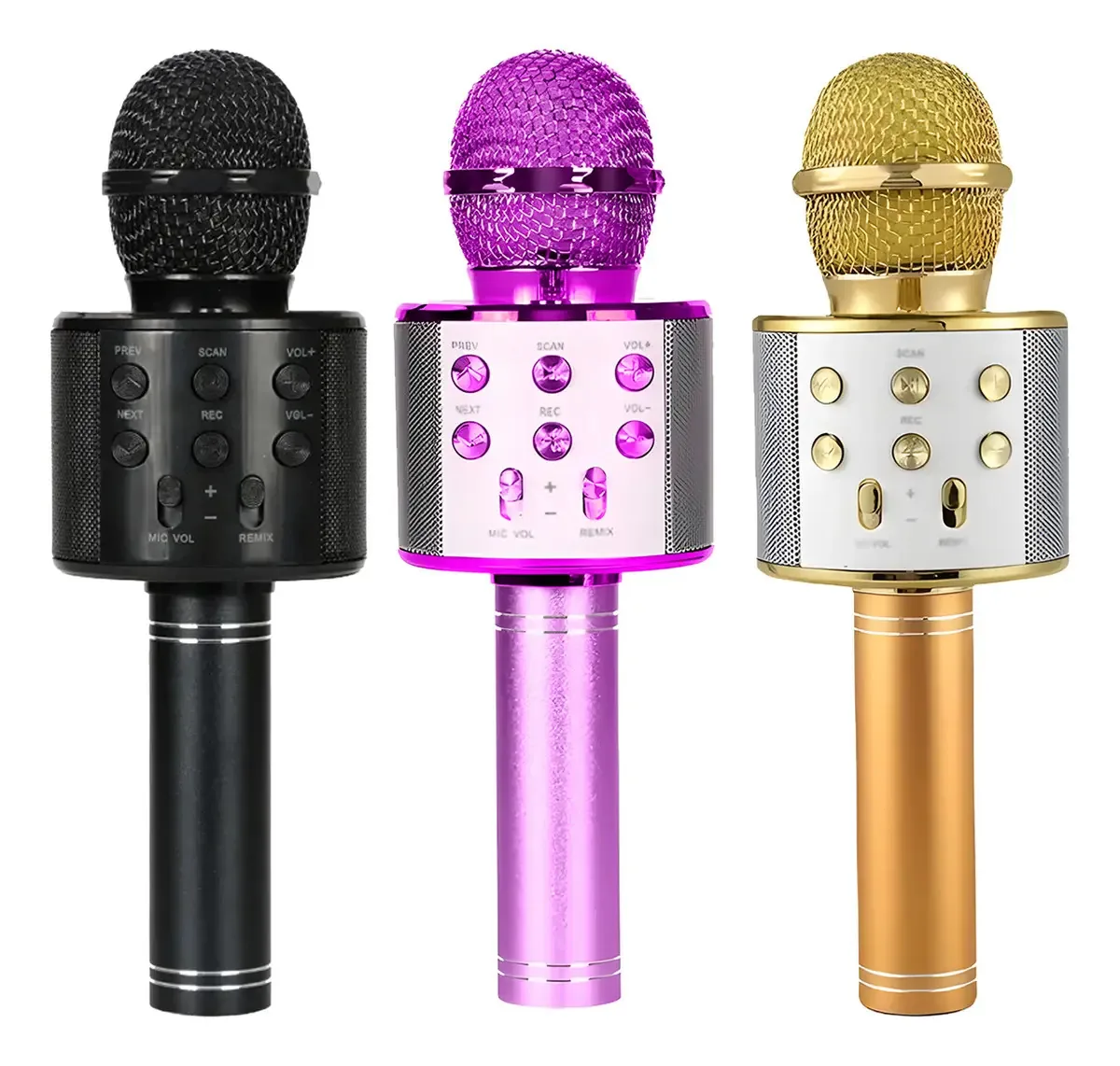 3 microfones de karaokê sem fio Jutang com Bluetooth e alto-falante (preto, roxo, dourado)