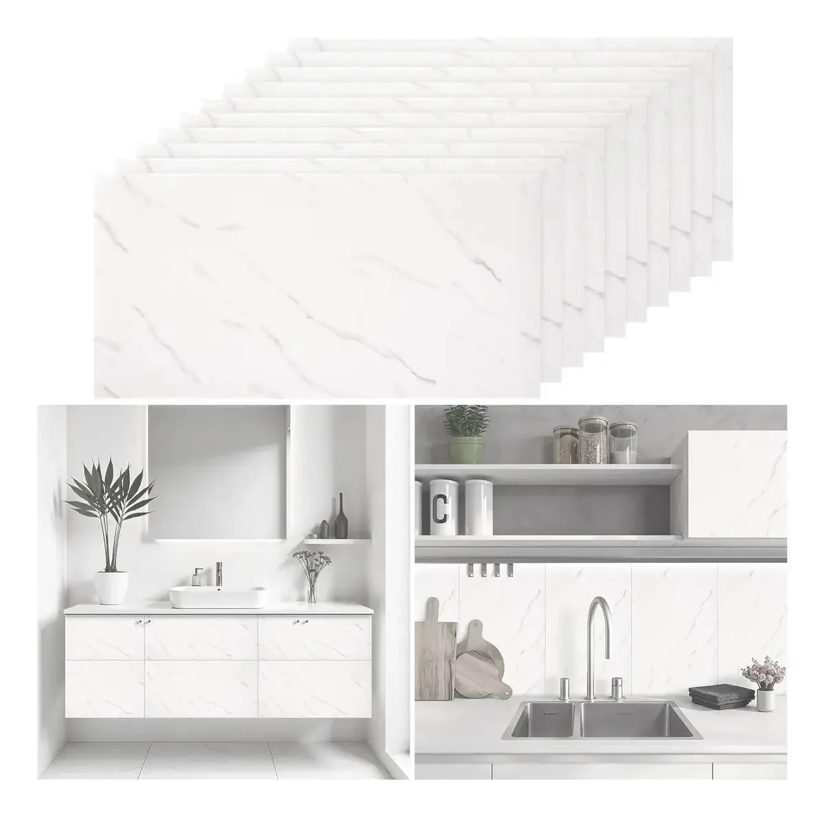16 peças de papel de parede de mármore para descascar e colar azulejos de parede para cozinha e banheiro, decalques de mármore à prova de óleo, adesivo de banheiro, decoração branca (30* 60 cm)