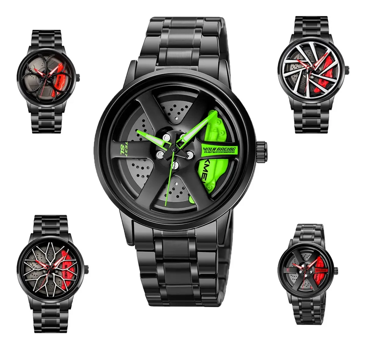 Relógio Skmei, carro esportivo, relógio giratório, anel, aço inoxidável, pulseira, 1787b, moldura preta, fundo verde limão