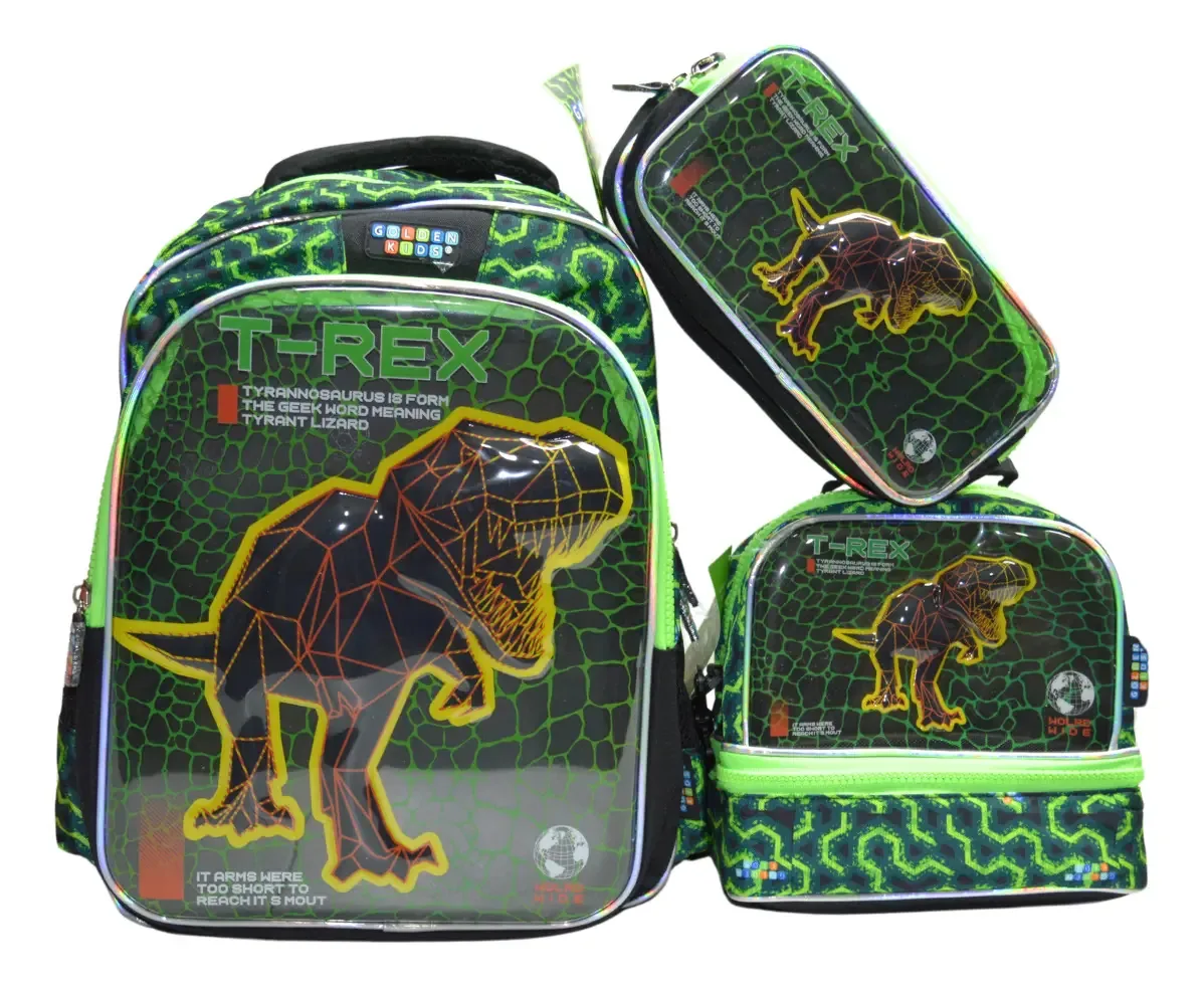 Conjunto de mochilas primárias T-rex Golden Star de 3 peças, cor verde