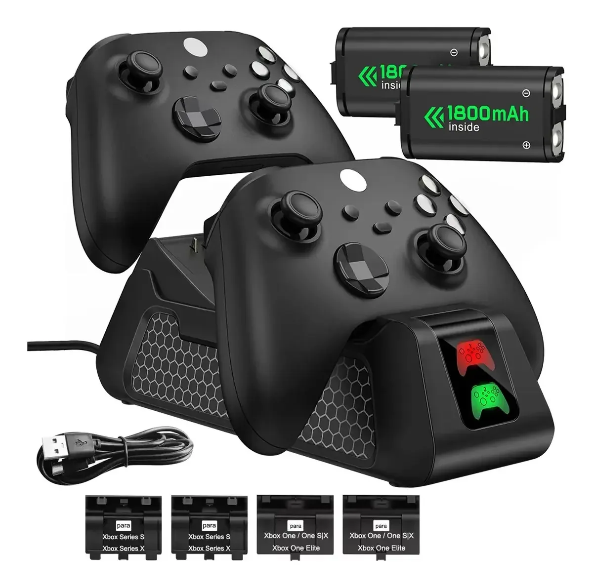 Estação de carregamento dupla para Xbox Series com carregador de 2 baterias para controle Xbox One, 2 baterias recarregáveis 1800mAh pretas para Xbox One S/x Elite ou Xbox Series S/x