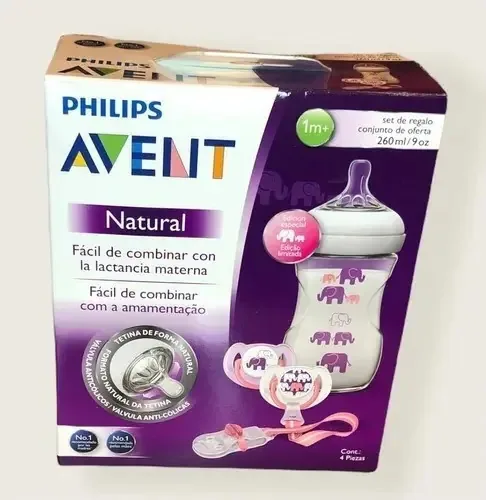 Conjunto de mamadeiras naturais, duas chupetas e porta-chupetas. Cor Violeta