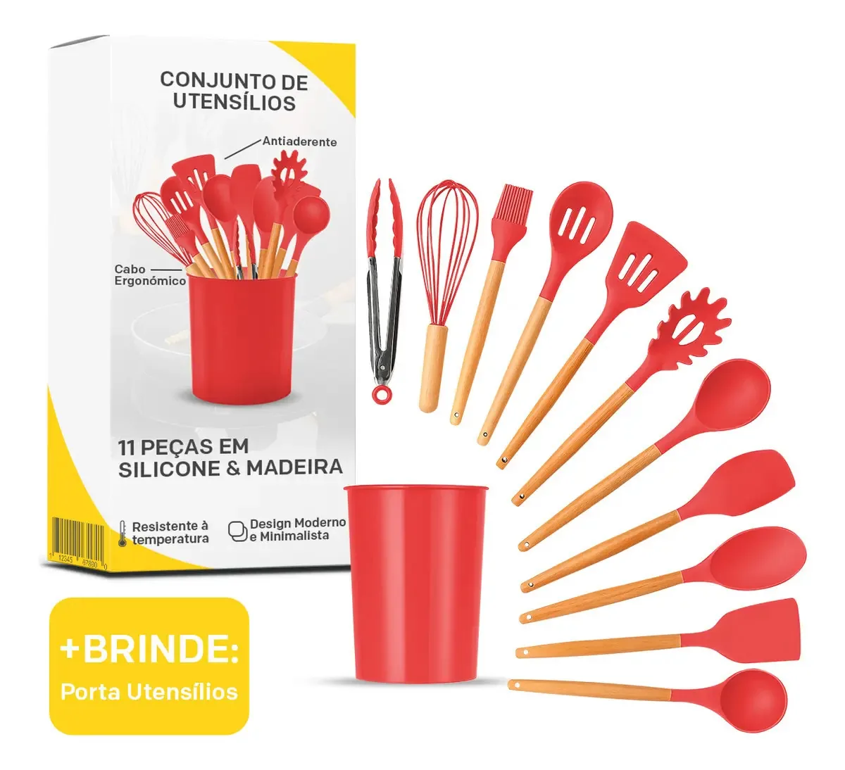 Conjunto 11Peças Utensílios De Cozinha Em Silicone Com Cabo De Madeira Ergonômico Antiaderente Homego Mais Brinde Porta Utensílios Cor Vermelho