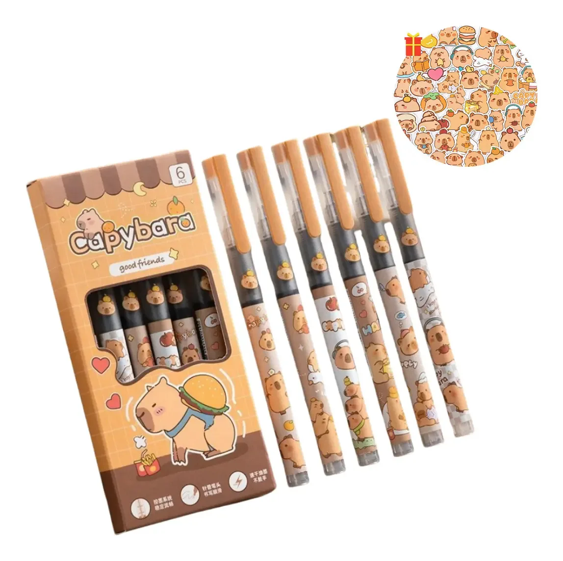 Canetas Capibara, canetas escolares versáteis e 50 adesivos de chocolate, 6 unidades
