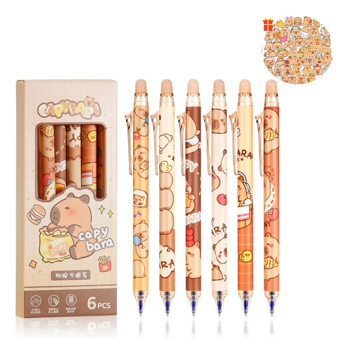 6 canetas apagáveis Canetas versáteis de gel escolar Chocolate Capibarra