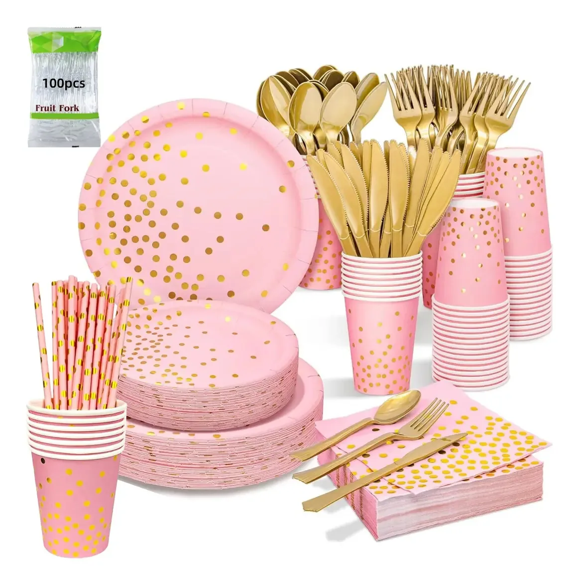Conjunto de talheres de festa de pratos descartáveis, copos, 300 unidades, rosa
