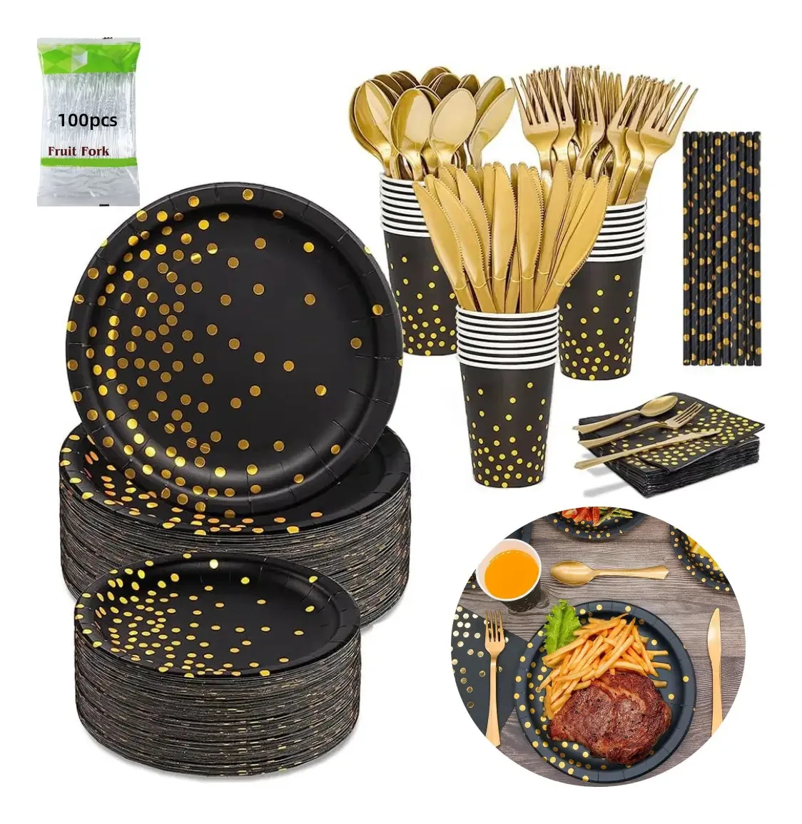 Conjunto de talheres de festa de pratos descartáveis, copos, 300 unidades, pretos