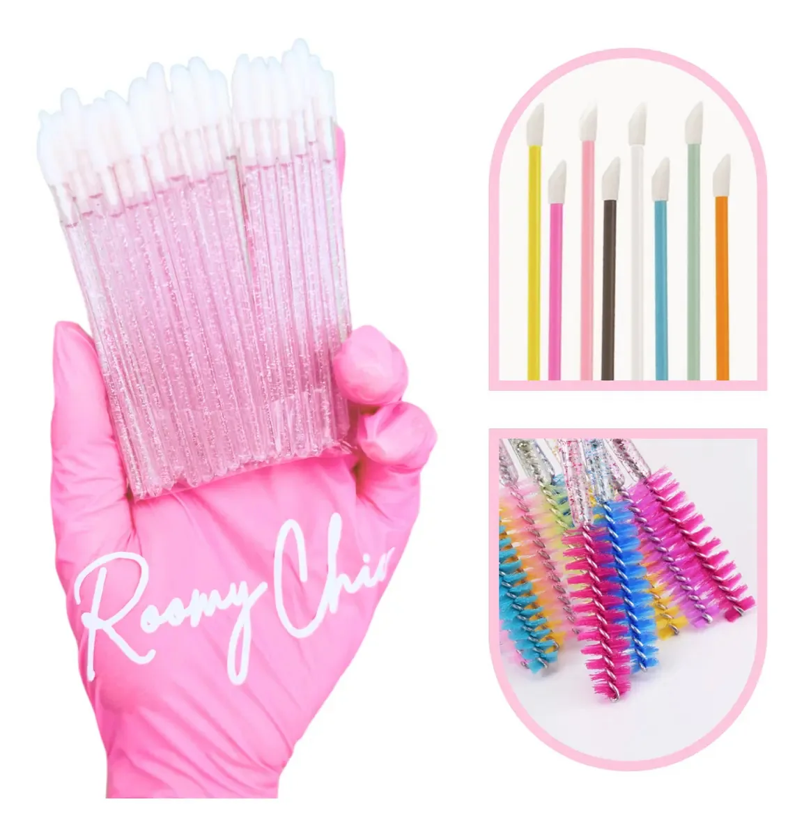 50 pincéis de brilho+50 pincéis de lábios com glitter para cílios e lábios