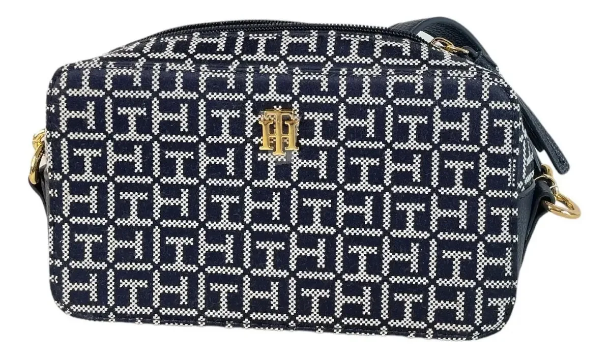 Bolsa tiracolo Tommy Hilfiger, design sólido com logotipo azul marinho com alça de ombro azul e ferragens de metal