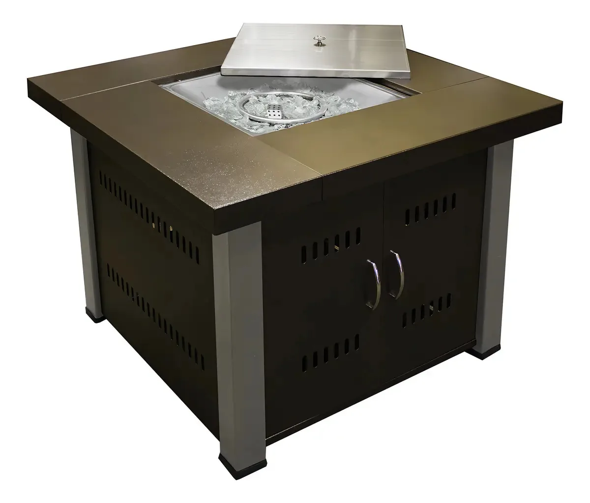 Fogueira decorativa de bronze e propano com tampa de aço inoxidável
