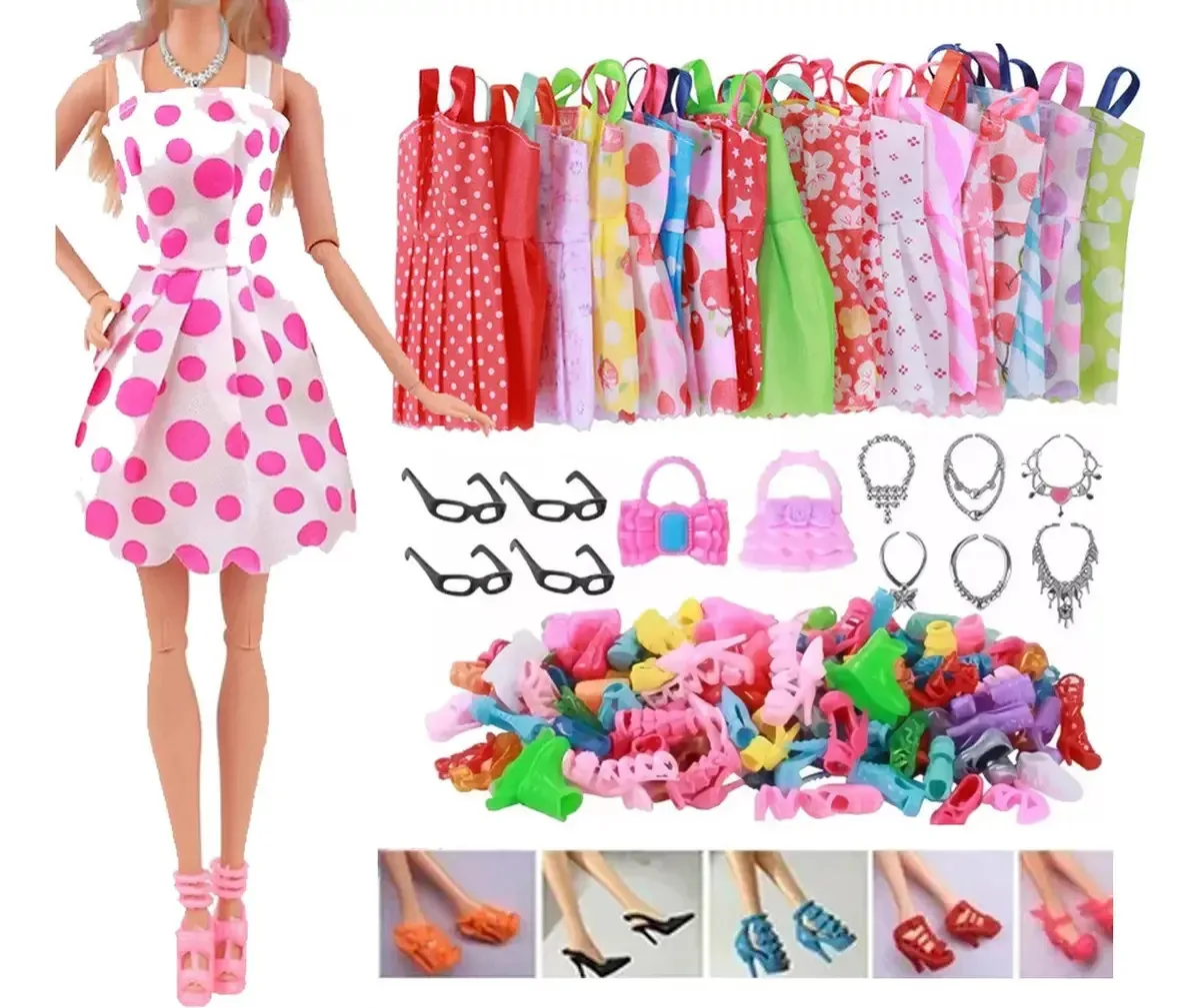 32 peças de vestidos Barbie, óculos, sapatos e uma boneca Barbie
