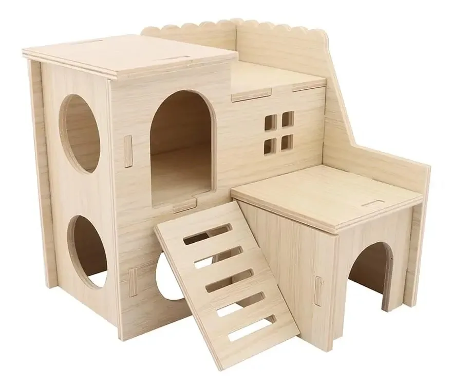 Casa de madeira para pequenos hamsters - divertida e deslizante