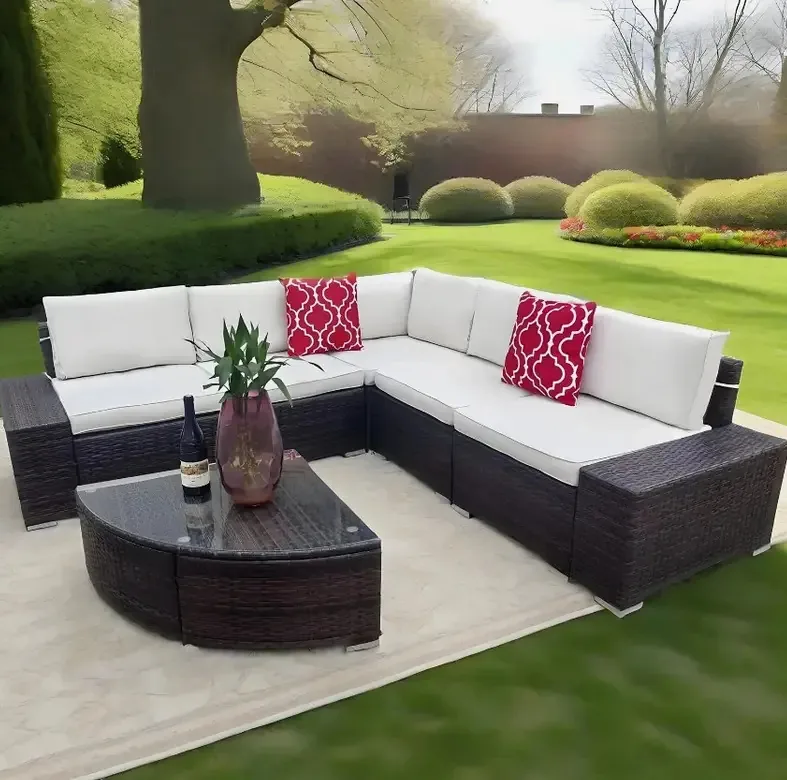 Conjunto de jardim de canto ao ar livre: sofá-poltrona de pátio e mesa central, estrutura marrom