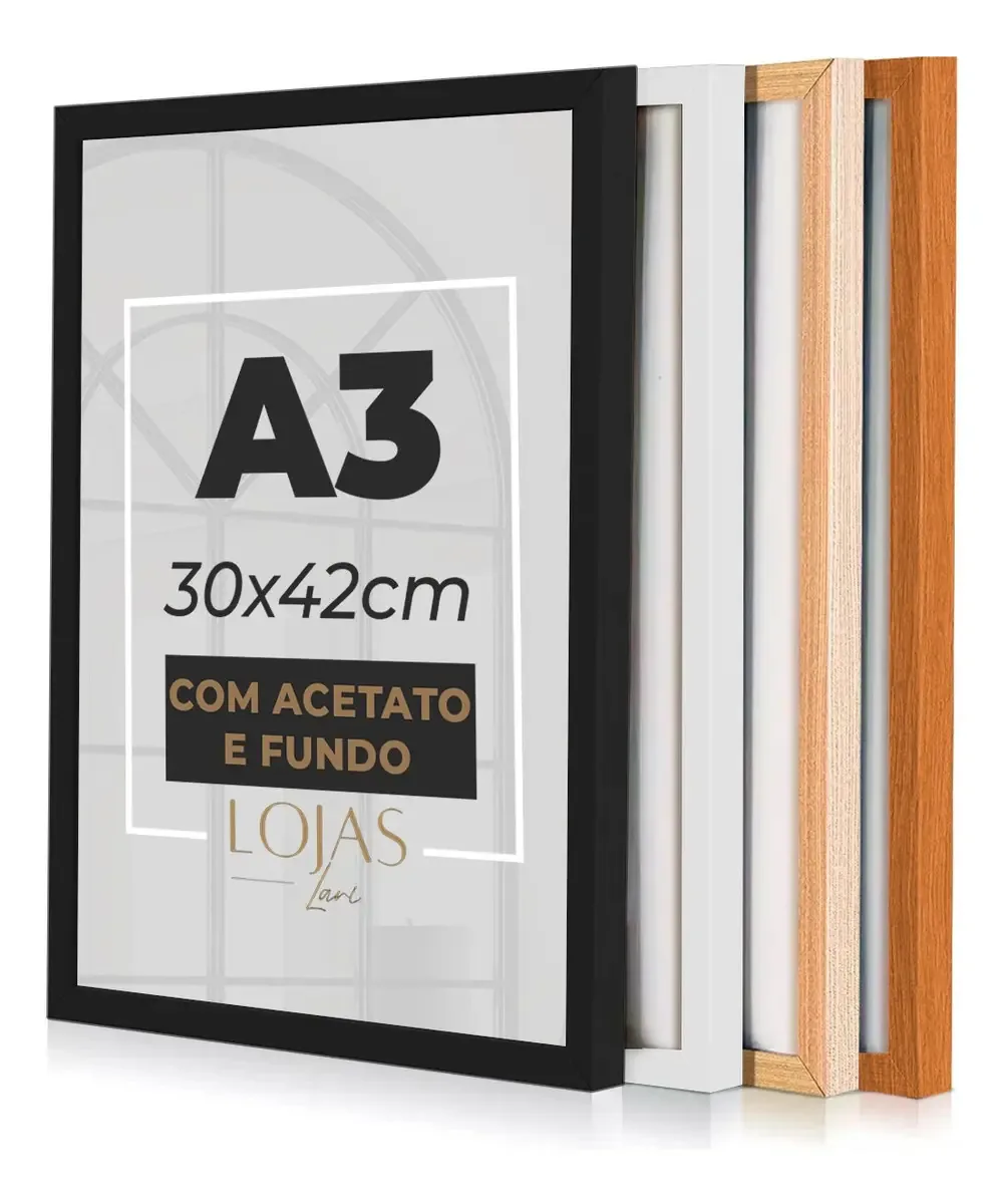 Kit 3 Molduras A3 Quadro 30x42 Acetato Diploma Foto Poster Cor Preto