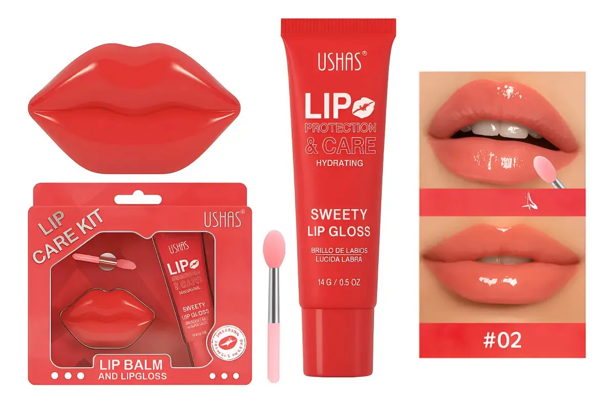 Kit de cuidado labial Ushas com brilho e bálsamo hidratante