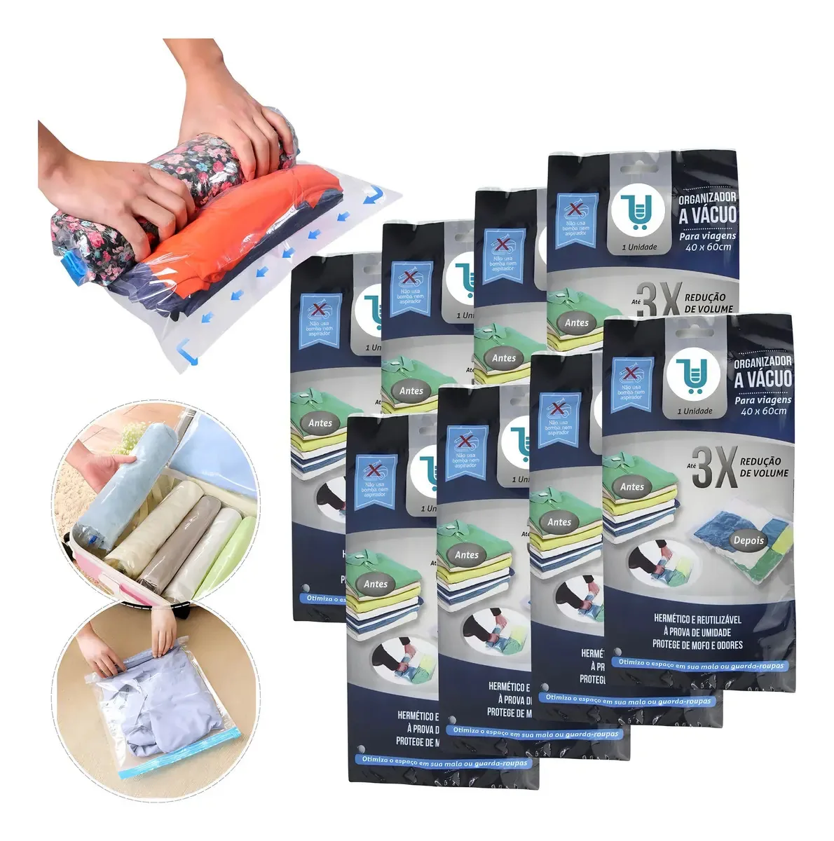 Saco à Vácuo Universal Vendas 40x60cm Kit 8 Organizador para Viagem