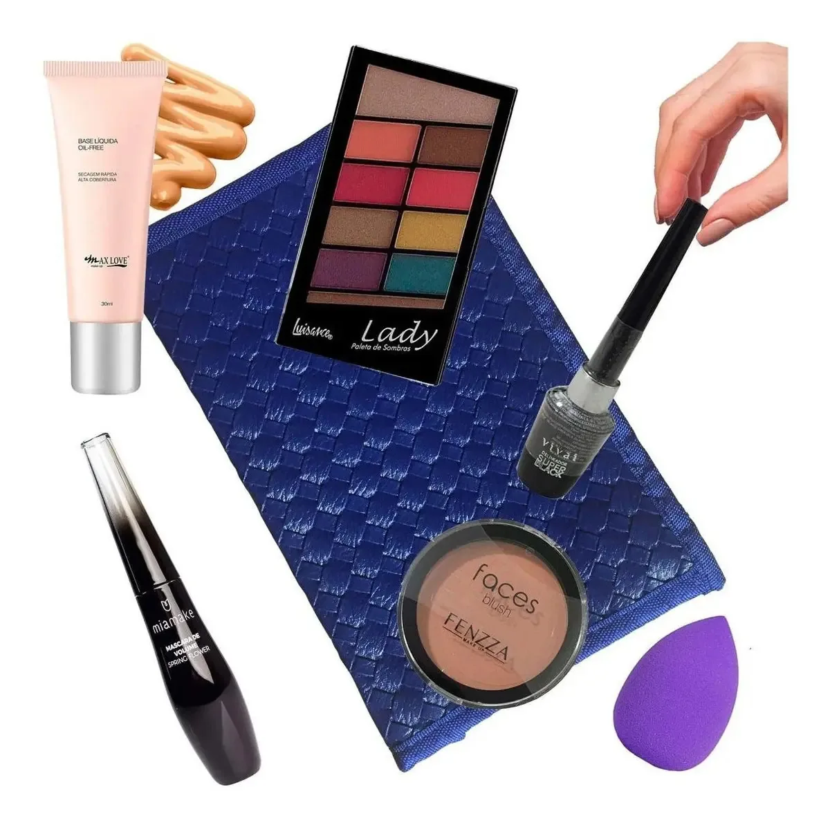 Kit Maquiagem Base Blush Delineador Sombra Máscara Esponja
