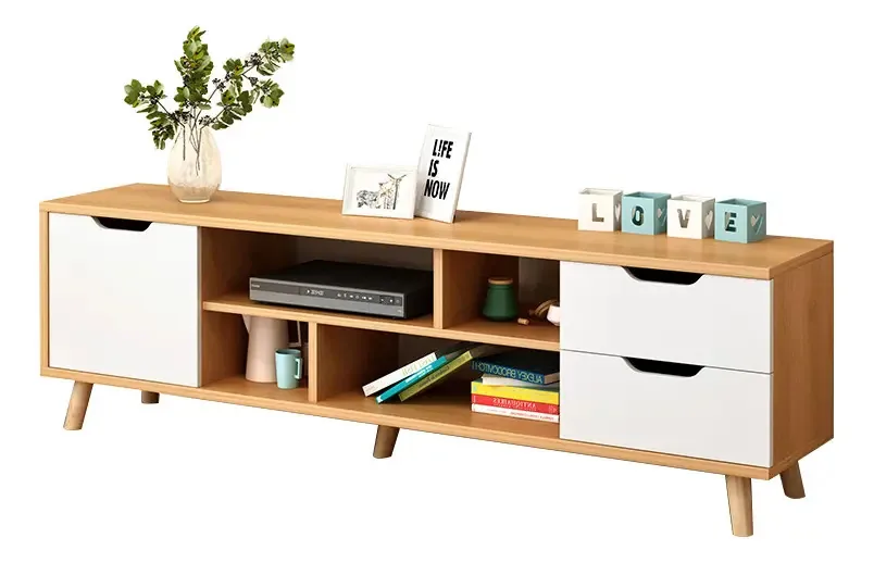 Centro de entretenimento de TV, móveis de TV Light Walnut, 4 prateleiras de armazenamento e 2 gavetas