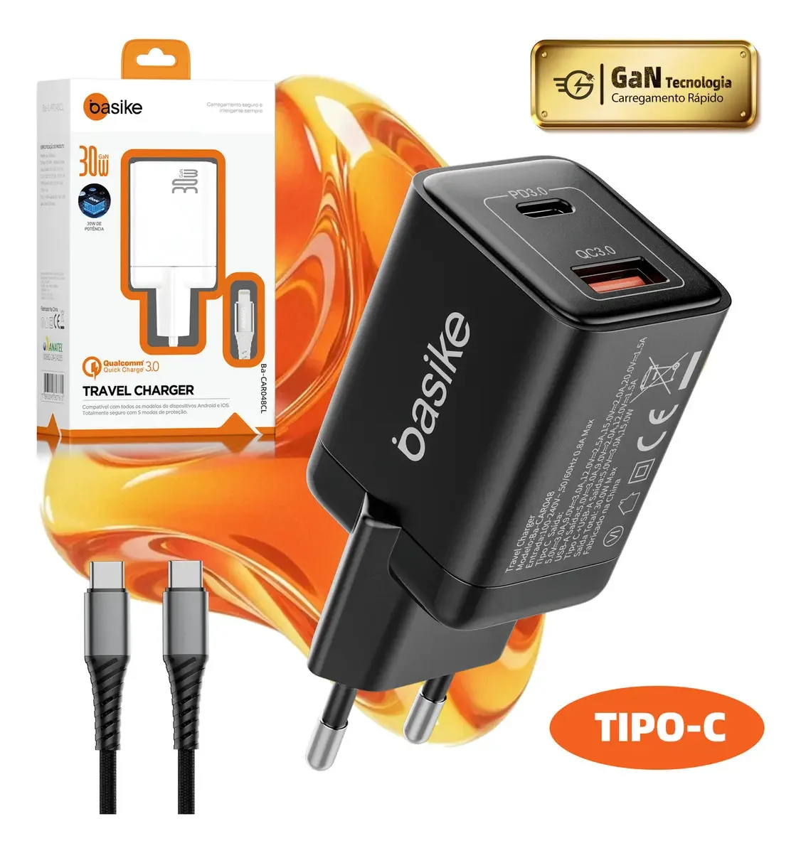 Basike 30W GaN Carregador Fonte Carregador Adaptador Celular PD3.0 USB-C + QC3.0 USB-A Turbo Rápido Para Apple iPhone 8 X Xr 11 12 13 14 15 16 17 Pro Max Air iPad Samsung S24 S23 S22 - Tipo L / Preto