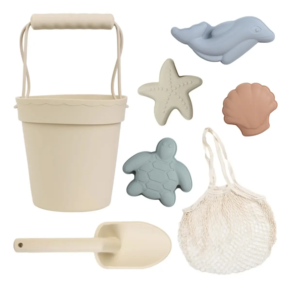 Brinquedos de praia de silicone, 4 moldes, cor bege, 7 peças
